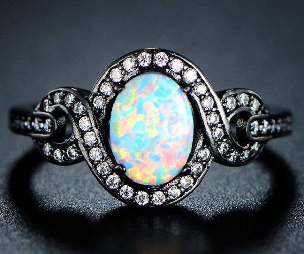 Black Rhodium Plated White Opal Ring